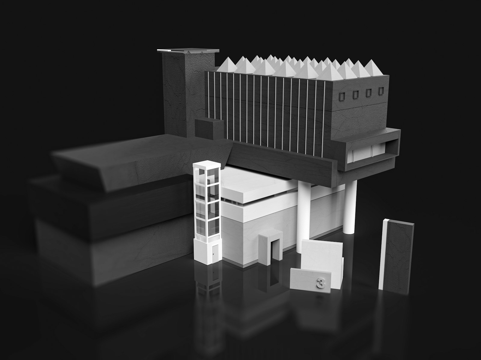 A scale model of a building shown in black and white