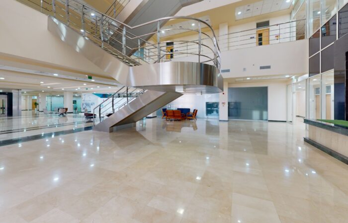 Main atrium and feature staircase at Sulaiman Al Rajhi University, captured in a Matterport 3D virtual tour