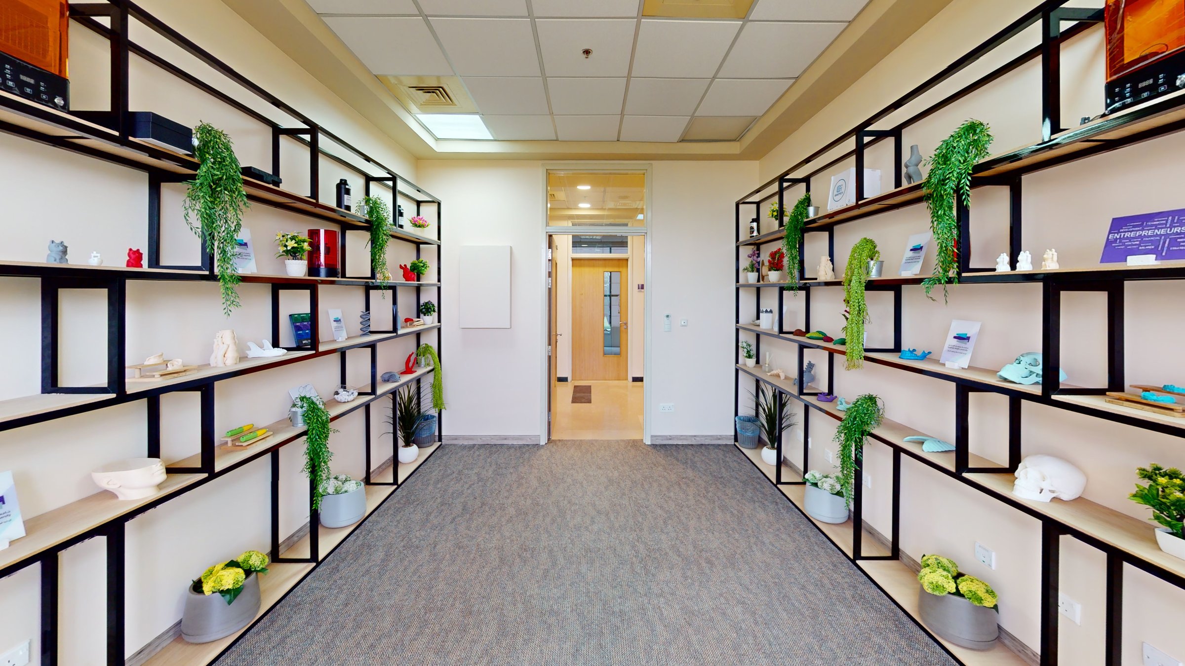 Display shelving corridor at Sulaiman Al Rajhi University, captured in a Matterport 3D virtual tour