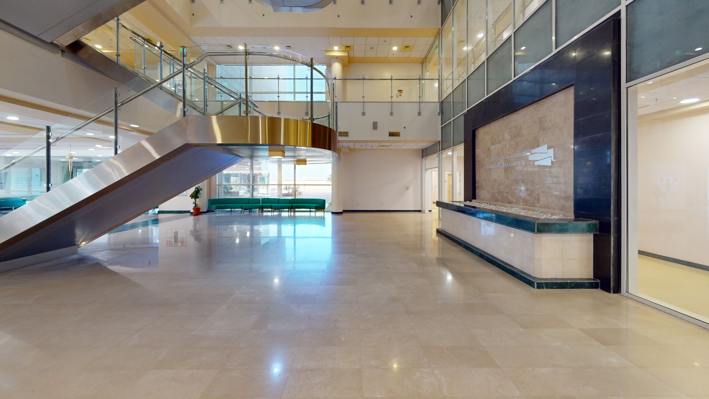 Main lobby and reception desk at Sulaiman Al Rajhi University, captured in a Matterport 3D virtual tour